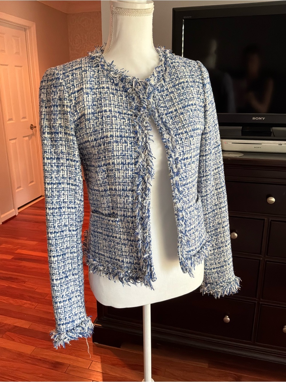Blue and White Tweed Channel-Style Jacket